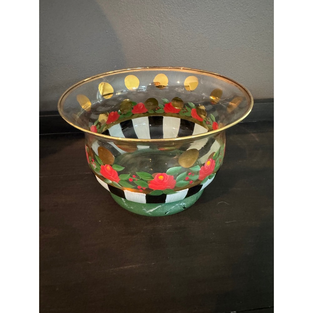 MacKenzie-Childs Flower Market Glass Bowl Red Rose Courtly Check Gold Polka Dot